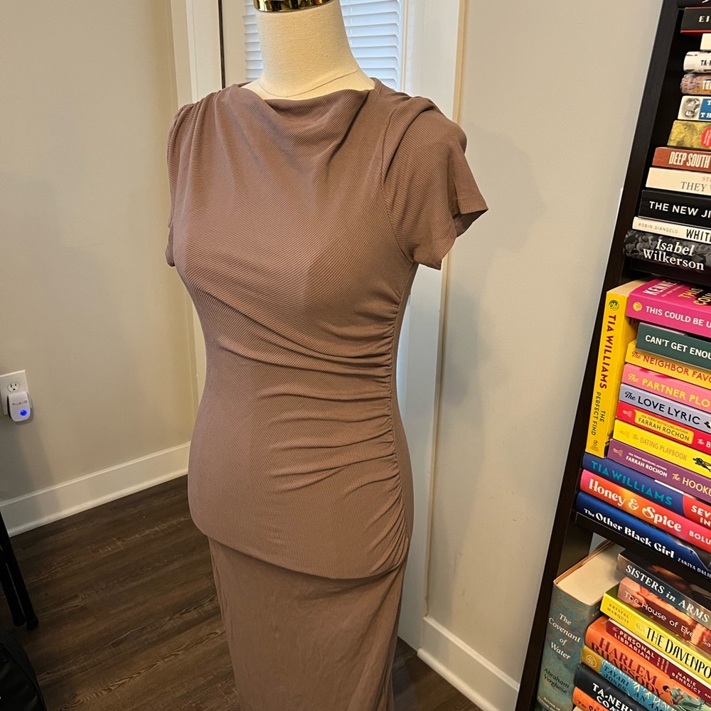 Tan Ruched Maxi Dress With Slits - Picture 3 of 7